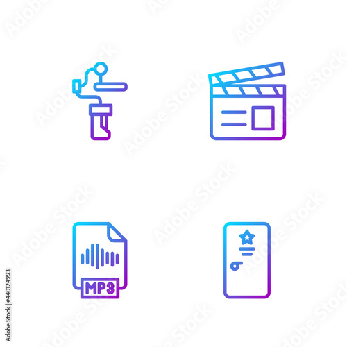 Set line Backstage, MP3 file document, Gimbal stabilizer for camera and Movie clapper. Gradient color icons. Vector