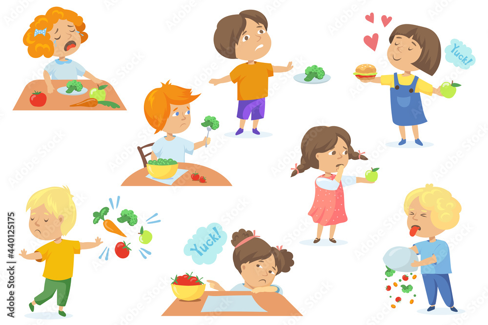 Set of children unhappy with food. Cartoon vector illustration. Fussy hungry kids crying and rejecting healthy vegetables, dreaming about burger. Picky eating, healthy food, nausea concept for design Set of children unhappy with food. Cartoon vector illustration. Fussy hungry kids crying and rejecting healthy vegetables, dreaming about burger. Picky eating, healthy food, nausea concept for design