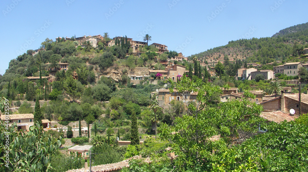 Fototapeta premium View of Deia village Mallorca Spain with trees and mountains