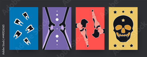 Set of contemporary art posters with human bones and teeth. Vector illustration. Collection of colored pictures of human skull with stars, bones and joints. Medicine, anatomy concept for banner design