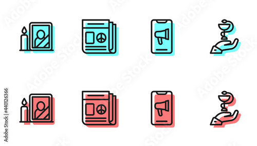 Set line Protest, Mourning photo frame, News and Caduceus snake medical icon. Vector