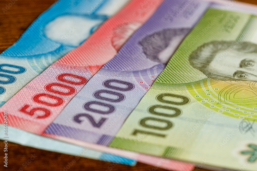 Fototapeta premium Currency of Chile. Various paper banknotes. Business and financial concept