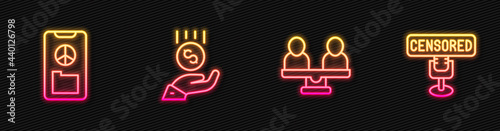 Set line Gender equality, Peace, Coins on hand - minimal wage and Censored stamp. Glowing neon icon. Vector