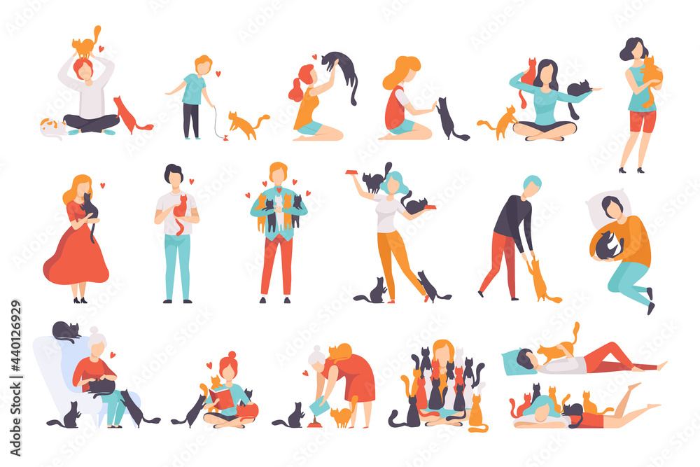 Cat Lovers Set, man, Male and Female Owners Hugging, Playing and Feeding their Pets Flat Vector Illustration