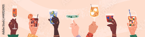 Hands holding cocktails with mojito, wineglass, mimosa, prosecco, sangria, coke, juice. Enjoying handmade drinks in bar, at home or outdoors concept illustration. Cheers with friends cartoon vector.