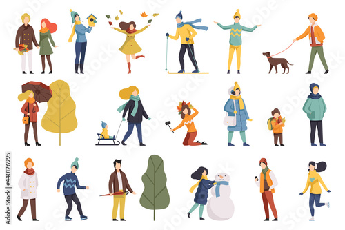 People Outdoor Activities in Different Seasons Set, People Wearing Warm Winter and Autumn Clothes Walking Skiing, Skating Cartoon Vector Illustration