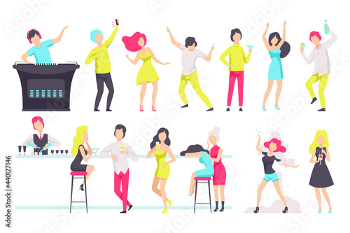 Set of People Drinking Alcohol Drinks and Dancing at Club Flat Vector Illustration