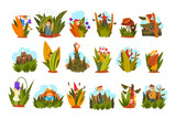 Woodland Scenes with People and Plants Set, Boys and Girls in Beautiful Natural Landscape Cartoon Vector Illustration