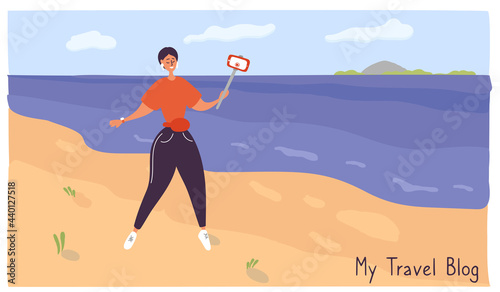 Travel blogger walks along seaside. Young woman records video. Girl takes off the vlog while traveling. Influencer talks about life to her followers. Vector hand drawn illustration in cartoon style