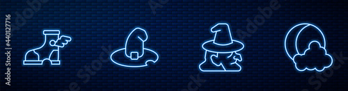 Set line Witch, Hermes sandal, hat and Moon stars. Glowing neon icon on brick wall. Vector
