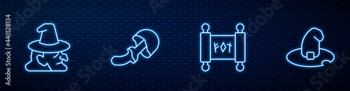 Set line Magic scroll, Witch, Psilocybin mushroom and hat. Glowing neon icon on brick wall. Vector