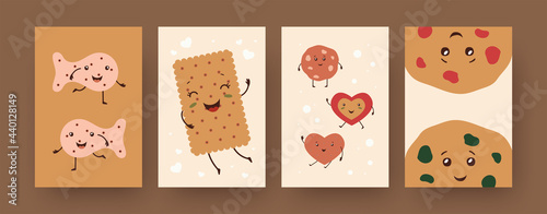 Set of contemporary posters with cute biscuit characters. Fish, heart, circle cookies, cracker cartoon vector illustrations. Food, bakery concept for designs, social media, postcards, invitation cards