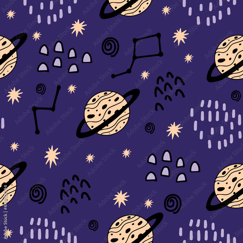 Seamless pattern with cute Jupiter, stars, constellations for decorating baby fabrics, rooms, dishes, wallpaper, prints for newborn clothes. Doodle style. The planet with the ring is Jupiter.