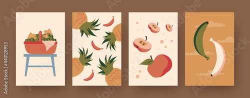 Set of contemporary art posters with grapes in food hamper. Pineapples, bananas, apples cartoon vector illustrations. Picnic, summer concept for designs, social media, postcards, invitation cards