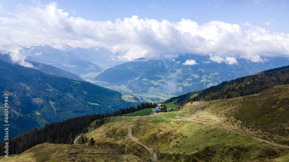 panorama of the mountains, alpine landscape in austria, view of the Zillertal in Austria