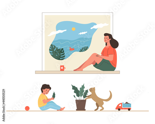 A young pretty woman dreams of a vacation at the sea.
