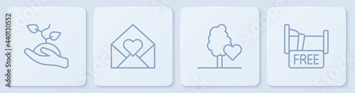 Set line Volunteer team planting trees, , Envelope with Valentine heart and Free overnight stay house. White square button. Vector