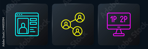 Set line Dating app online, Computer monitor screen and BFF best friends forever. Black square button. Vector