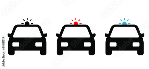 Police car, red and blue flashing, lights. Pursuit, police cars with light and siren. Police traffic stop pictogram or icon. Cartoon flat vector cars on the highway or street. 