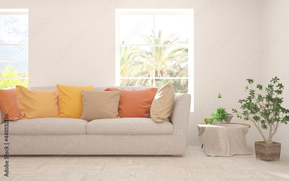 White living room with sofa and summer landscape in window. Scandinavian interior design. 3D illustration White living room with sofa and summer landscape in window. Scandinavian interior design. 3D illustration