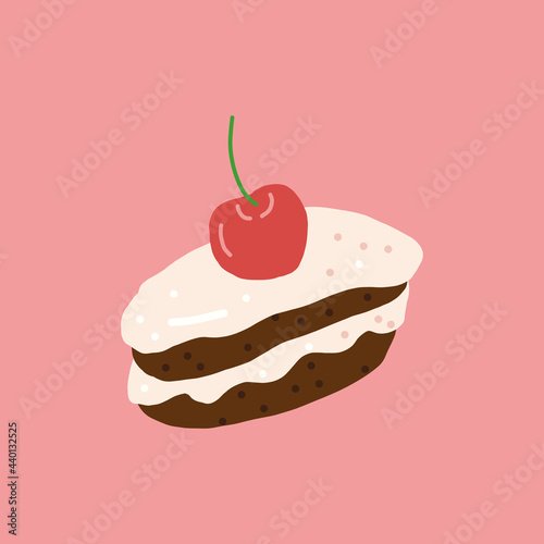cake with cream and cherry hand drawn style, vector. food, sweets, dessert, card, sticker.