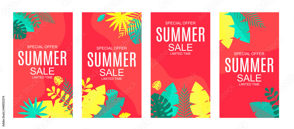 Summer sale background with tropical leaves. Vector Illustration