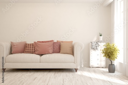 White living room with sofa. Scandinavian interior design. 3D illustration