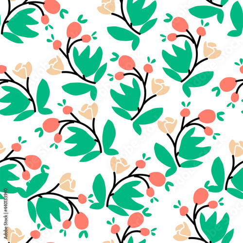 Cute hand drawn flowers on white background. Vector seamless pattern. Fashion print in bright colors. Abstract elements.