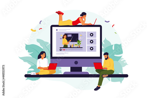 Group of students watching online webinar. Online education concept. Online business school concept. Vector illustration. Flat.