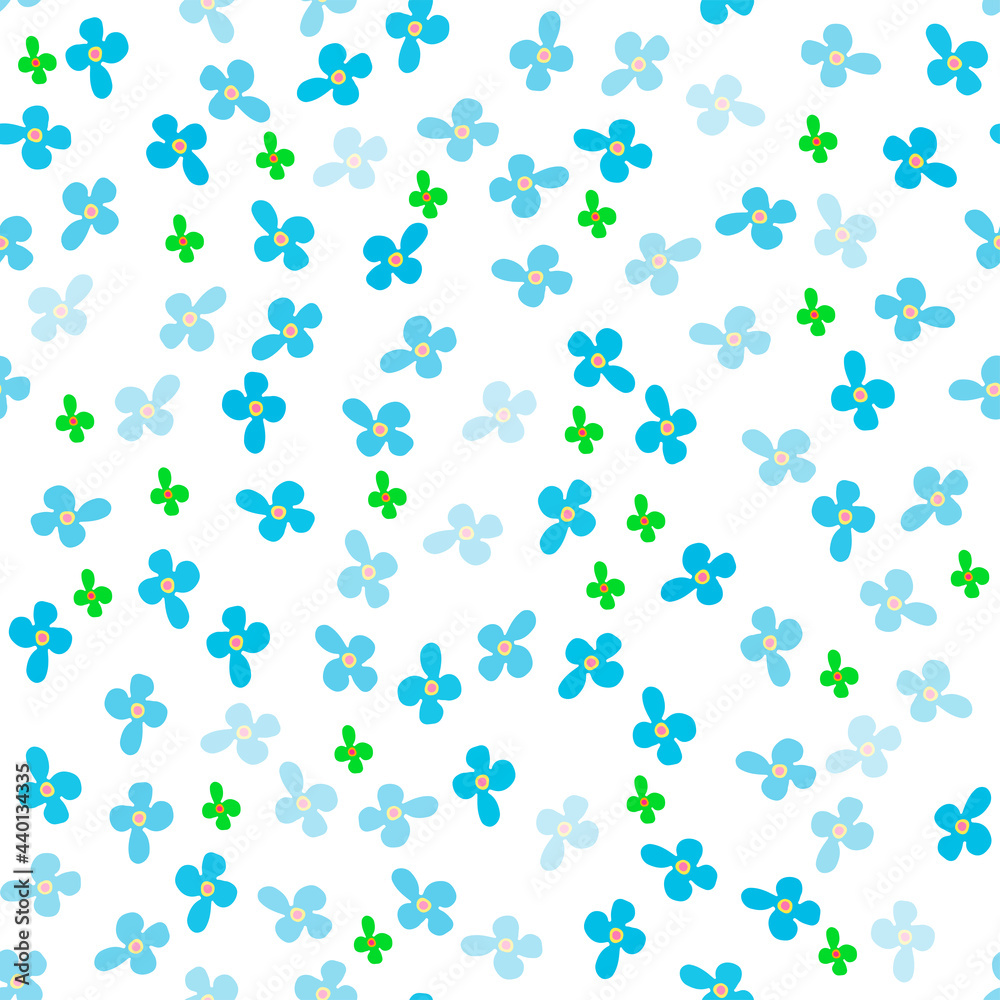 Cute hand drawn flowers on white background. Vector seamless pattern. Fashion print in bright colors. Tiny blue flowers.