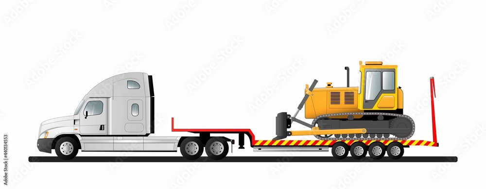 Image of a modern American low loader semi-trailer with cargo. Goose bulldozer. Transportation of construction equipment.