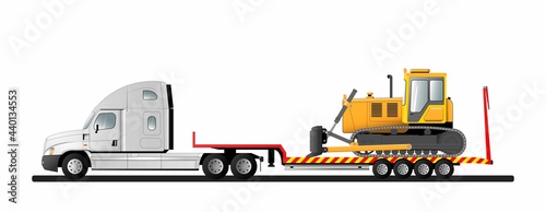 Image of a modern American low loader semi-trailer with cargo. Goose bulldozer. Transportation of construction equipment.