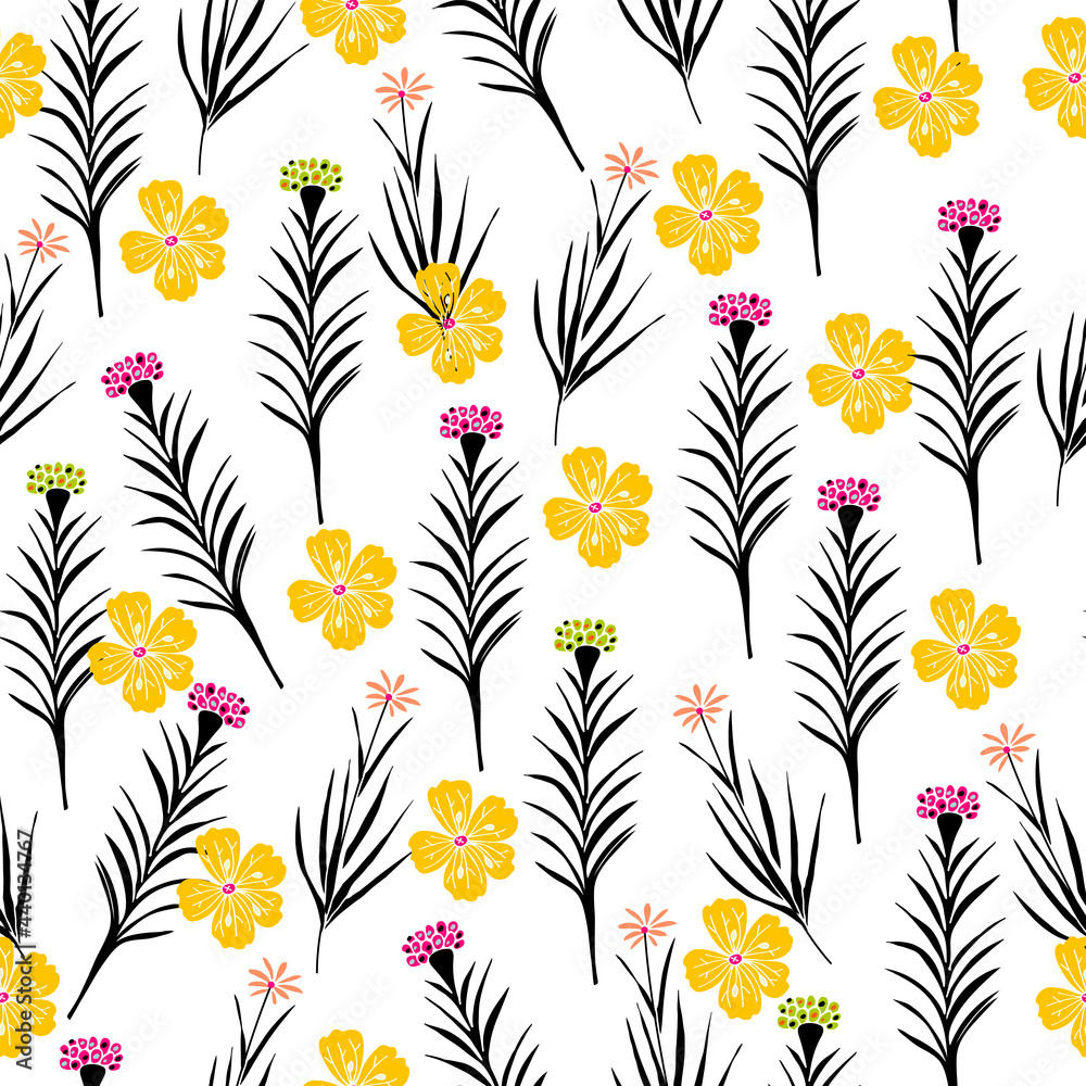 Floral seamless pattern with hand drawn flowers. Fshion print. White background, colorful elements. Vector Illustration.