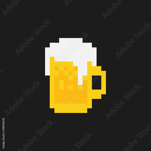 Illustration 8 bit pixel drawing of beer goblet image with lettering isolated on green background, vector 10