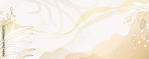 Minimal background with leaves with a gold metal texture. Watercolor sand streaks and stains. Vector illustration.