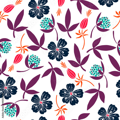 Floral seamless pattern with hand drawn flowers. Fshion print. White background, colorful elements. Vector Illustration.