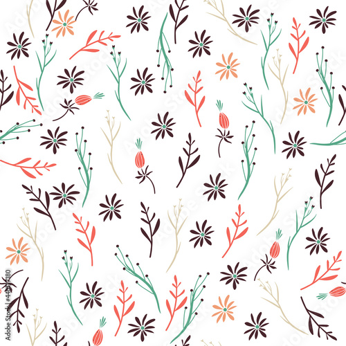 Cute hand drawn flowers on white background. Vector seamless pattern. Fashion print in bright colors. 