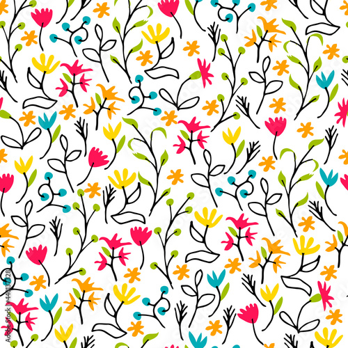 Floral seamless pattern with hand drawn flowers. Fshion print. White background  colorful elements. Vector Illustration.