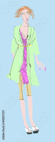 Women's fashion: Tight short pants, pink dress, light green raincoat