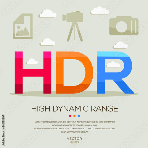 HDR mean (High dynamic range) photography abbreviations ,letters and icons ,Vector illustration. 