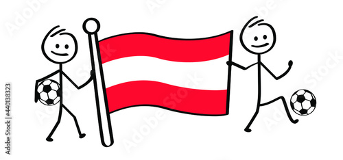 Cartoon stickman with the flag of Austria and football. Stick figure man with soccer ball. Funny vector sport icon. Sport finale or school game. 