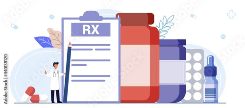 RX medical prescription drug vector illustration concept Medicine prescription with medicines Prescription form Doctor writes signature in recipe Disease therapy pills Pharmacy control of business