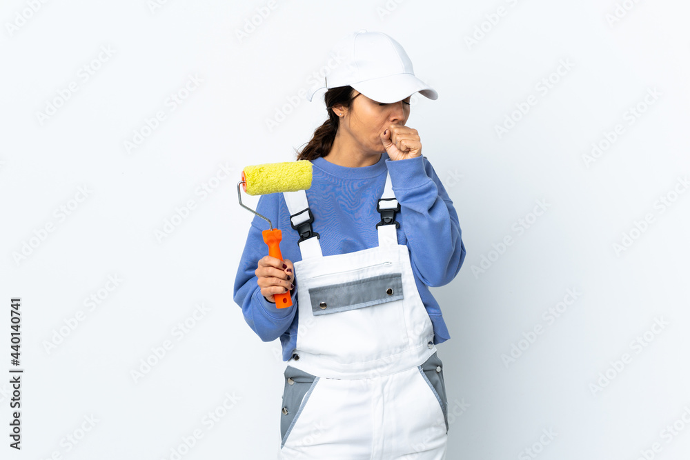 Painter woman over isolated white background coughing a lot Painter woman over isolated white background coughing a lot