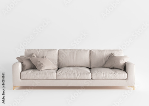 Fashionable comfortable stylish grey fabric sofa with wooden legs on light background. Fragment of interior with Scandinavian-style sofa, single piece of furniture. Front view couch with pillows