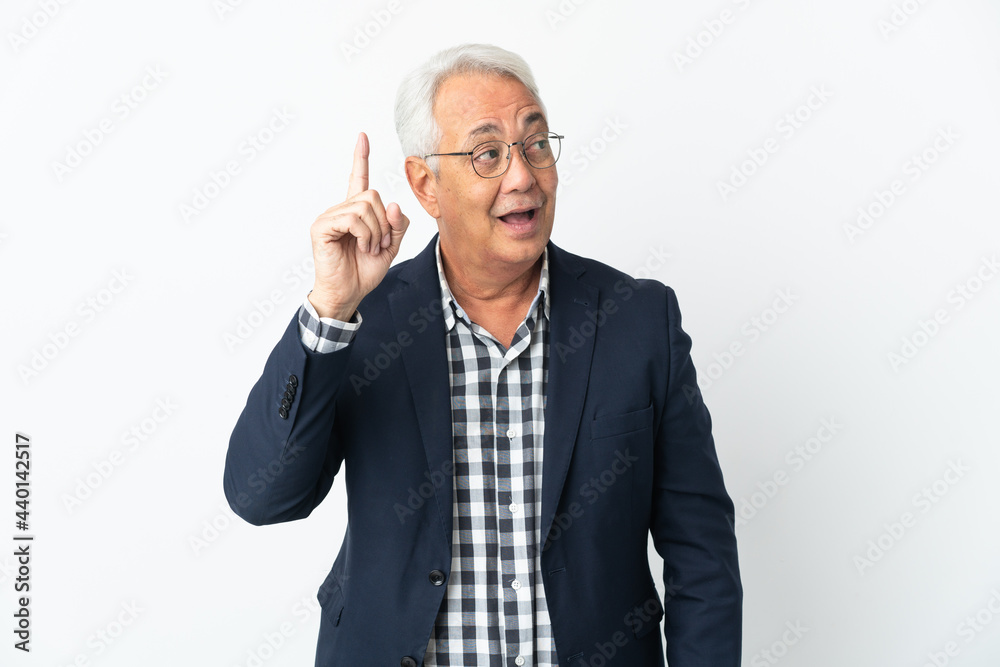 Middle age Brazilian man isolated on white background intending to realizes the solution while lifting a finger up Middle age Brazilian man isolated on white background intending to realizes the solution while lifting a finger up