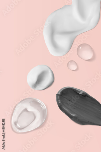 Various cosmetic smudge textures on pink background, vertical. Cosmetic textures black clay mask, pure clear aloe vera gel, serum drops, moisturizer cream smear 3d realistic vector illustration