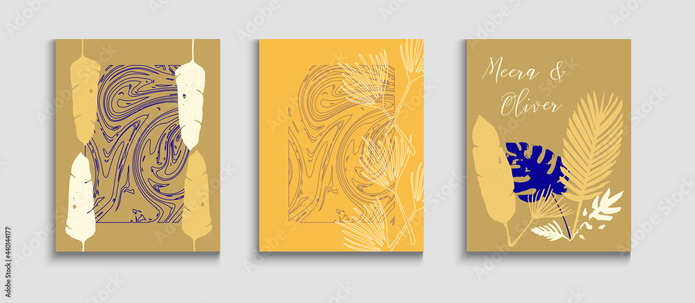 Abstract Asian Vector Cards Set. Minimal Olive Leaves Magazine Layout.