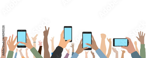 Raised up human hands and hands of people with phones. Cheerful crowd of people at concert or party, fans. Vector illustration