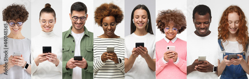 People phone collage. Group of smiling diverse men and women texting with smartphone
