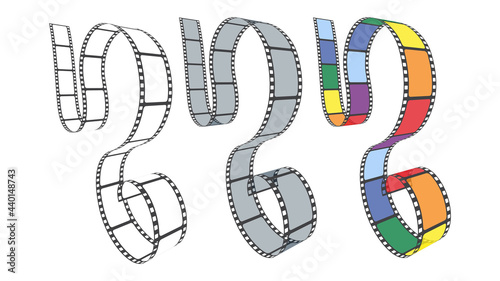 3D isometric film strip in perspective. Set of multicolor film strip for camera or projector isolated on white background. Art design of cinema elements for brochure, leaflet, poster, flyer, banner.